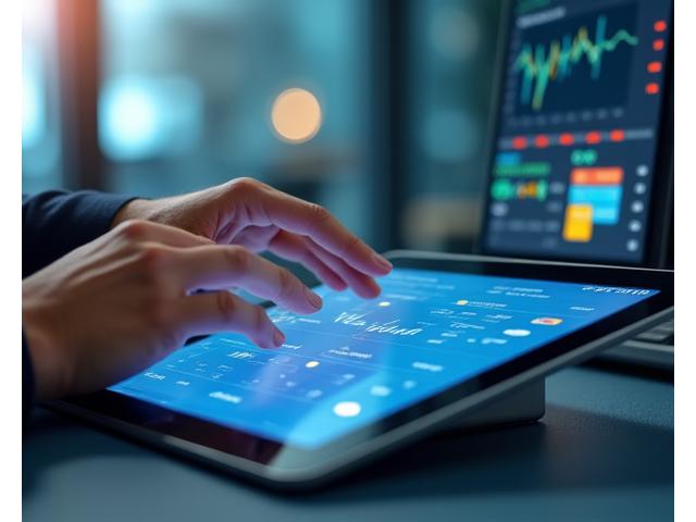 Interakce se systémem CRM na tabletu, symbolizující digitální transformaci finanční instituce.