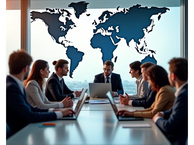 Tým lidí pracuje v moderní kanceláři s mapou světa v pozadí, symbolizující expanzi.