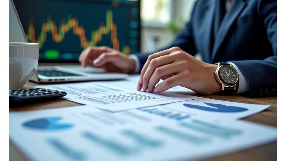 Close-up of hands working on financial reports and calculating figures on a laptop, with graphs in background