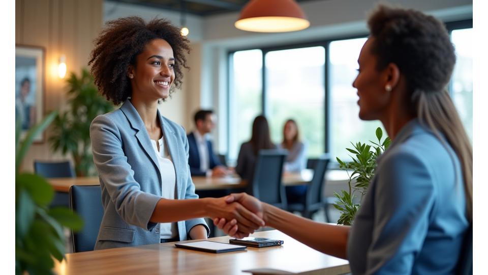 Professional woman shaking hands with a new hire in a modern office, symbolizing effective HR and talent acquisition