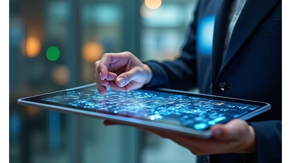 Flowchart diagram on a digital tablet with hands interacting, symbolizing process efficiency and automation