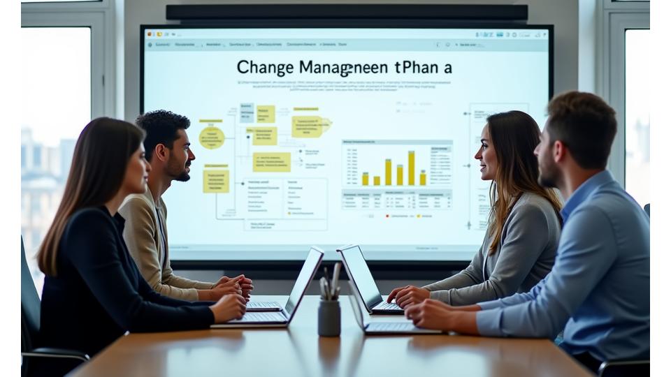 Team of professionals discussing a change management plan in a modern office, symbolizing smooth transition