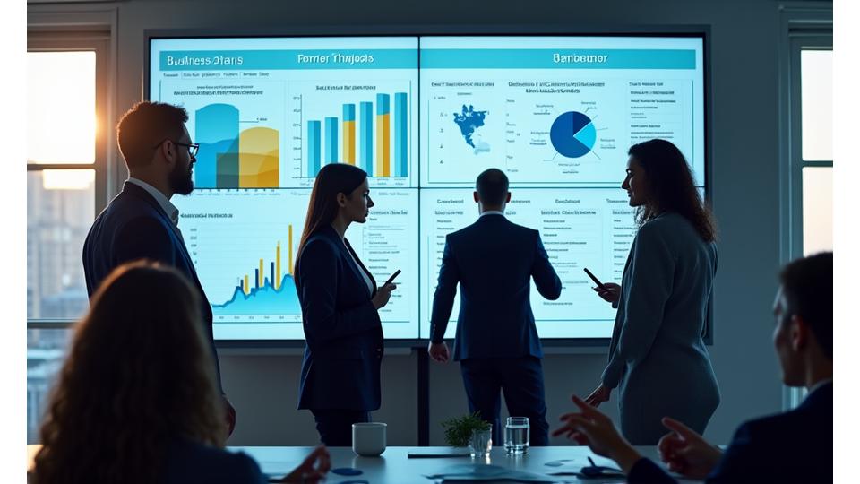 Team of business professionals reviewing strategic plans on a large screen with charts and graphs